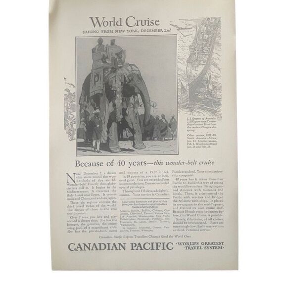 Vintage 1927 Canadian Pacific World Cruise Ad Advertisement - Picture 1 of 4